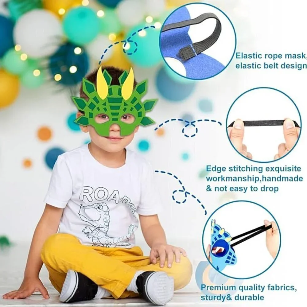 6 Packs Dinosaur Masks Felt and Elastic for Kids  - BIRTHDAY PARTY FUN! NEW